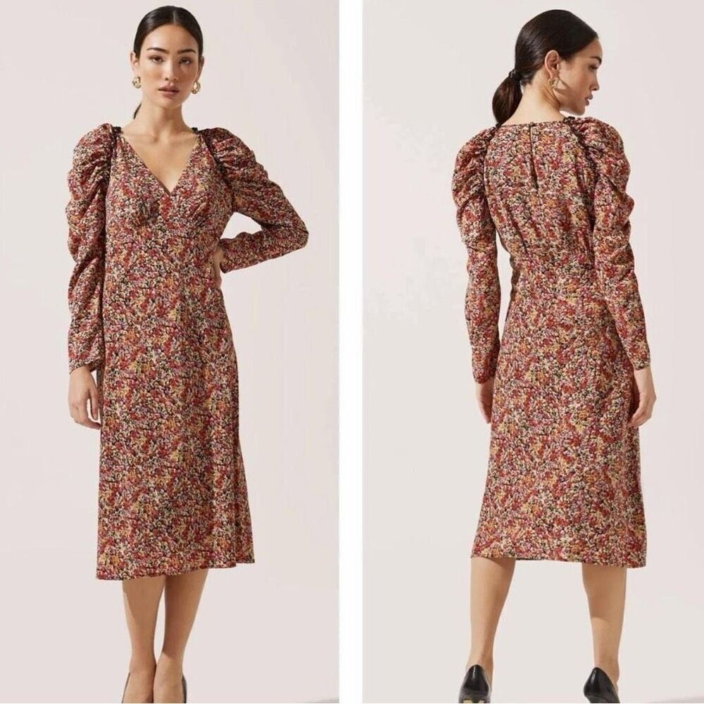 ASTR The Label Ruched Midi Dress in Black Red Floral Medium